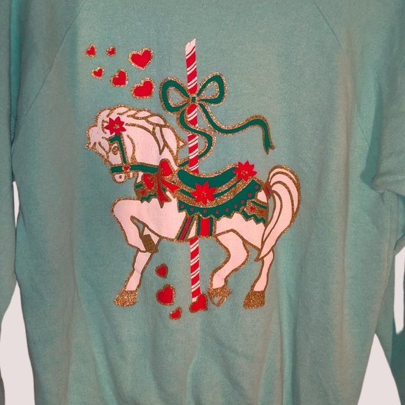 Vintage 90s/80s Blue Holiday Carousel Horse Crewneck Sweater !! - Picture 5 of 8
